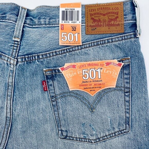 Levi's 501 Original High Rise Distressed Shorts Athens Medium Wash 32 Button Fly - Picture 6 of 9